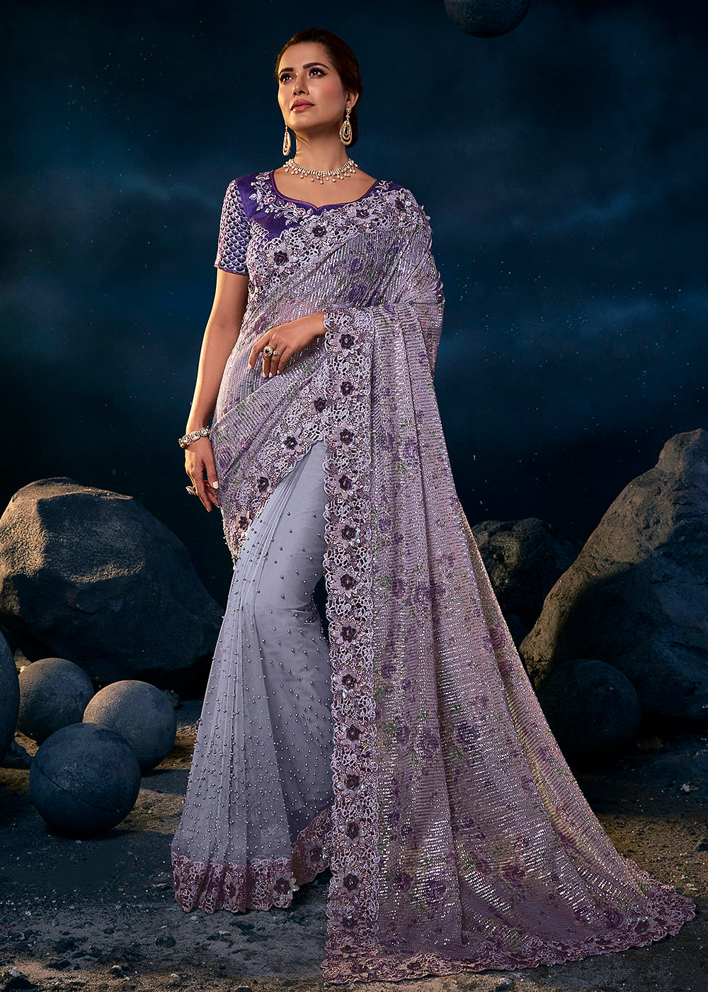 Splendid Purple Premium Net Heavy Embroidered Designer Saree