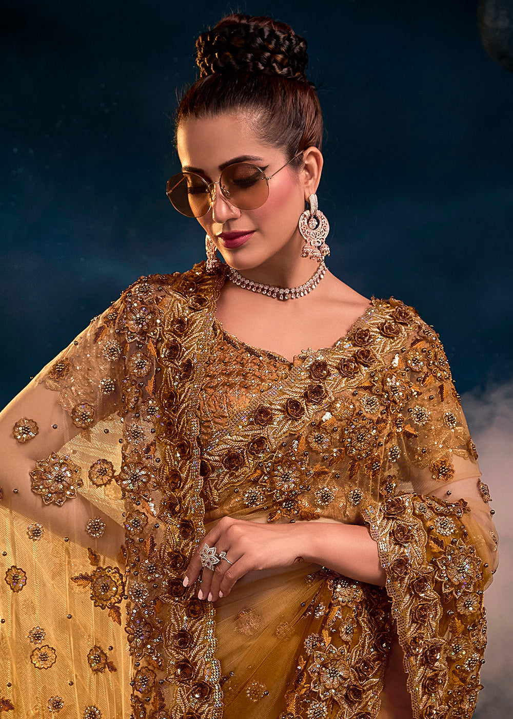 Buy Now Radiant Mustard Premium Net Heavy Embroidered Designer Saree Online in USA, UK, Canada & Worldwide at Empress Clothing. 