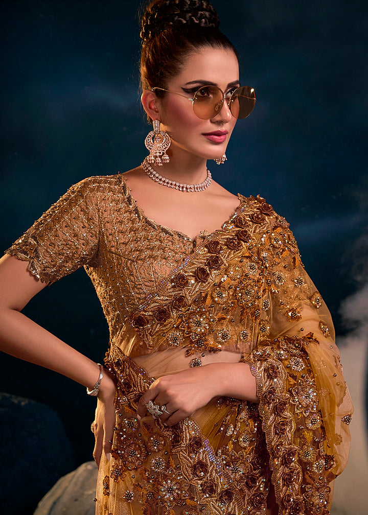 Buy Now Radiant Mustard Premium Net Heavy Embroidered Designer Saree Online in USA, UK, Canada & Worldwide at Empress Clothing. 