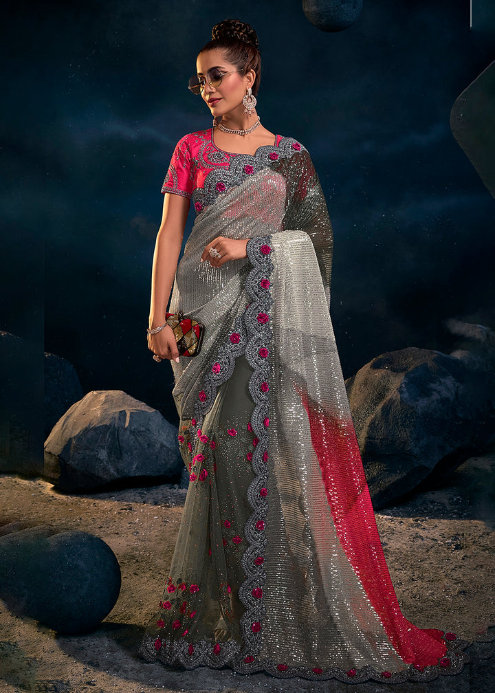 Buy Now Bright Grey Premium Net Heavy Embroidered Designer Saree Online in USA, UK, Canada & Worldwide at Empress Clothing.