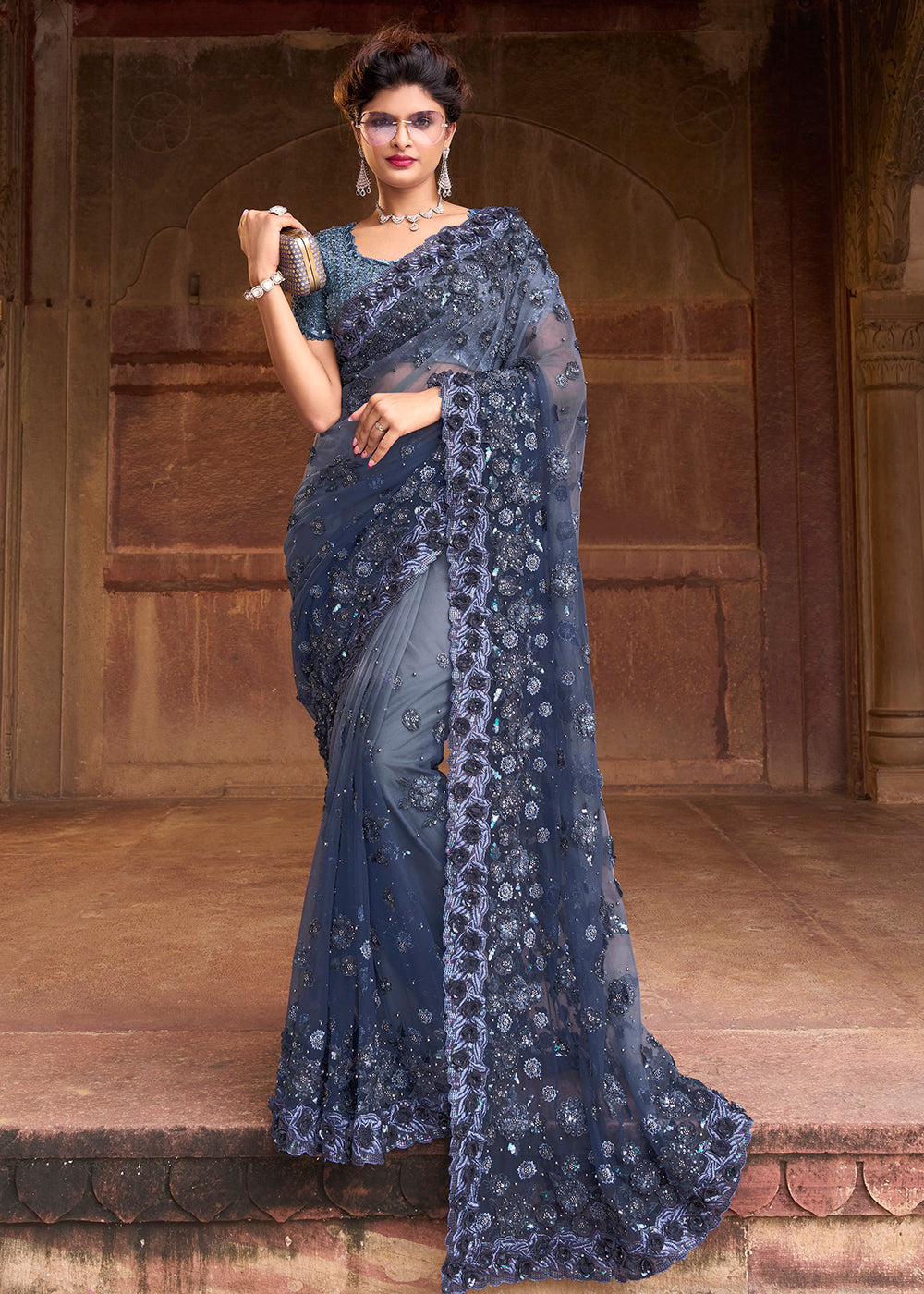 Buy Now Stunning Grey Applique Net Designer Bridal Party Wear Saree Online in USA, UK, Canada & Worldwide at Empress Clothing.