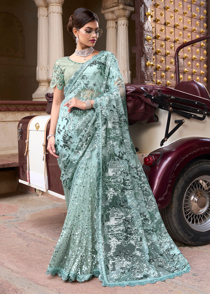 Buy Now Gorgeous Sea Green Applique Net Designer Bridal Party Wear Saree Online in USA, UK, Canada & Worldwide at Empress Clothing. 