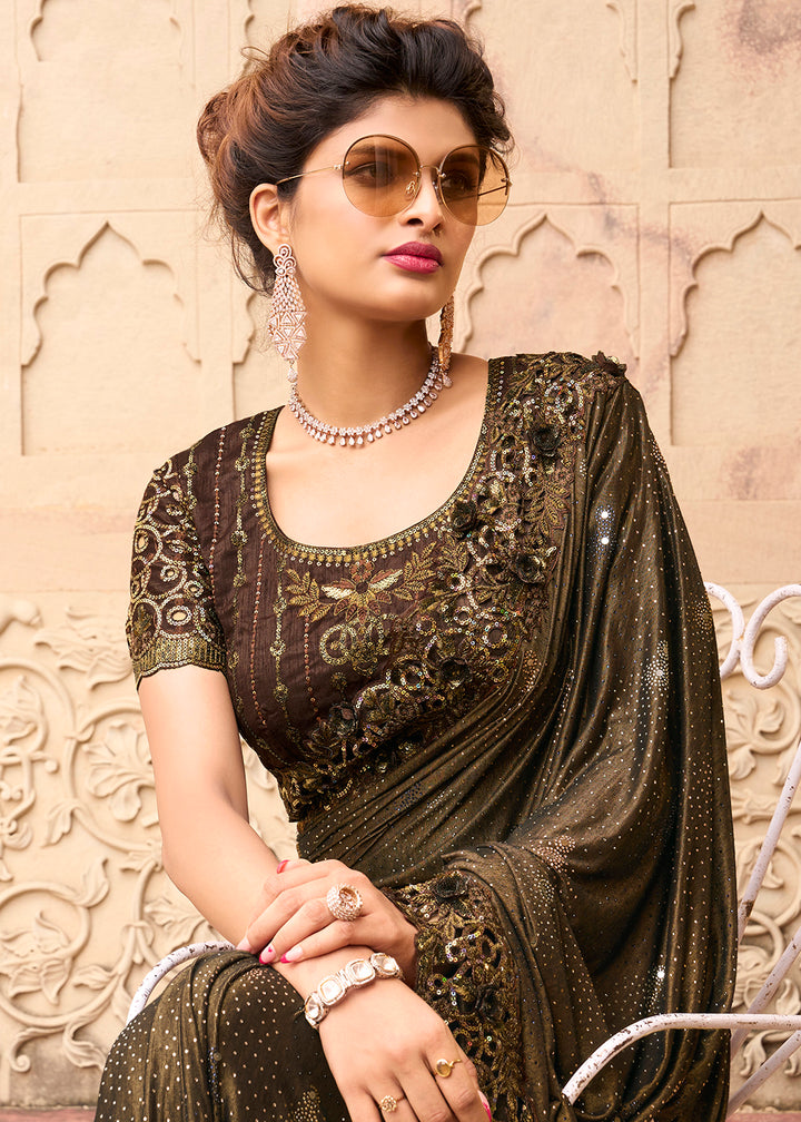 Buy Now Chocolate Brown Applique Net Designer Bridal Party Wear Saree Online in USA, UK, Canada & Worldwide at Empress Clothing. 