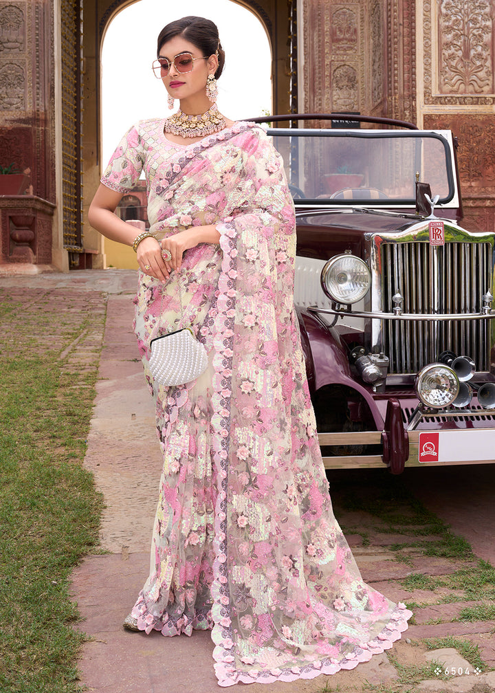 Buy Now Creamy Pink Applique Net Designer Bridal Party Wear Saree Online in USA, UK, Canada & Worldwide at Empress Clothing. 