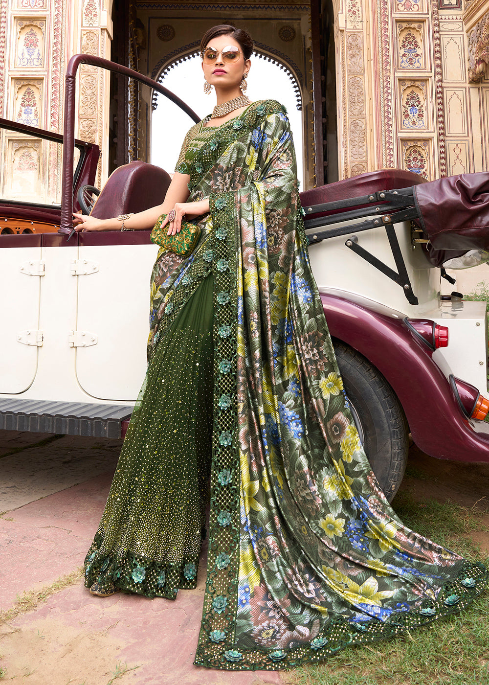 Buy Now Mahendi Green Applique Net Designer Bridal Party Wear Saree Online in USA, UK, Canada & Worldwide at Empress Clothing. 