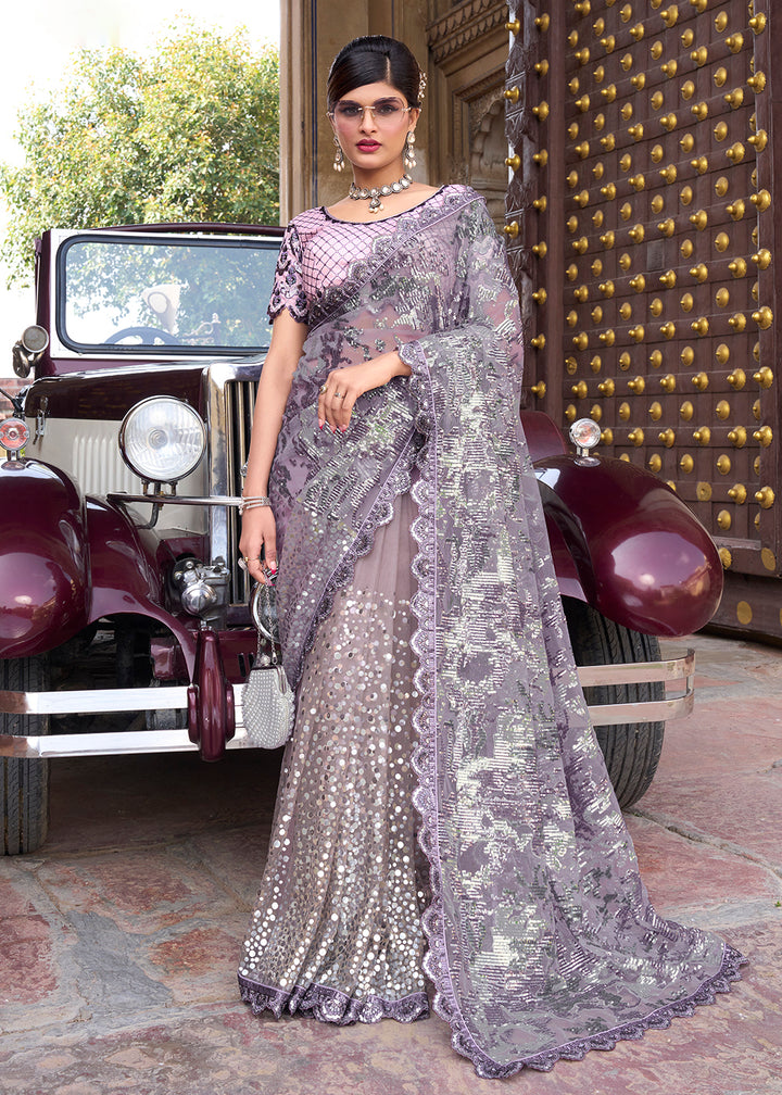 Buy Now Glam Purple Applique Net Designer Bridal Party Wear Saree Online in USA, UK, Canada & Worldwide at Empress Clothing. 