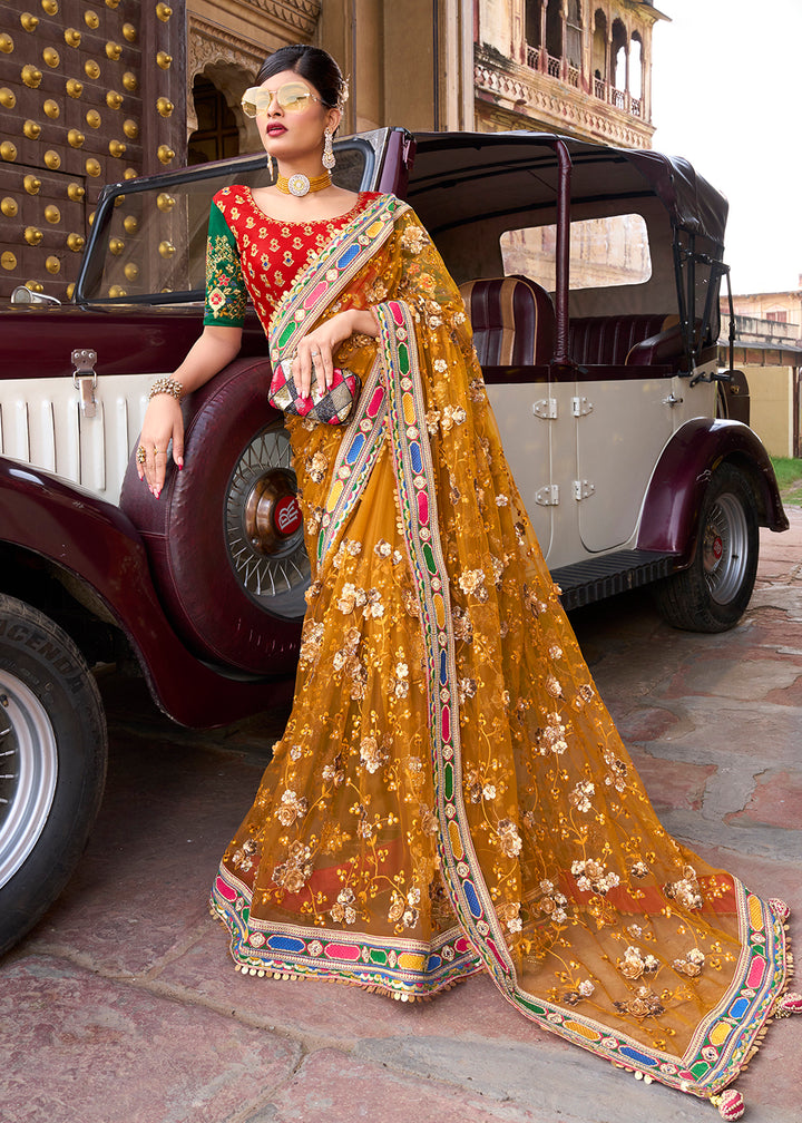 Buy Now Attractive Mustard Applique Net Designer Bridal Party Wear Saree Online in USA, UK, Canada & Worldwide at Empress Clothing.