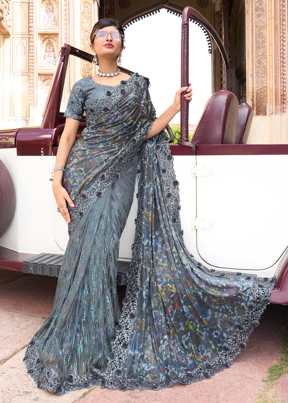 Buy Designer Bridal Party Wear Saree - Enriching Grey Applique Net Saree Buy Designer Bridal Party Wear Saree - Enriching Grey Applique Net Saree