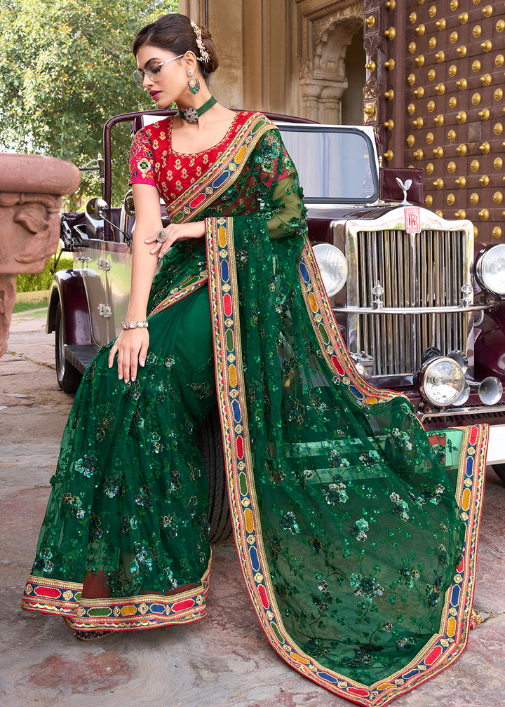Buy Now Engaging Green Applique Net Designer Bridal Party Wear Saree Online in USA, UK, Canada & Worldwide at Empress Clothing.