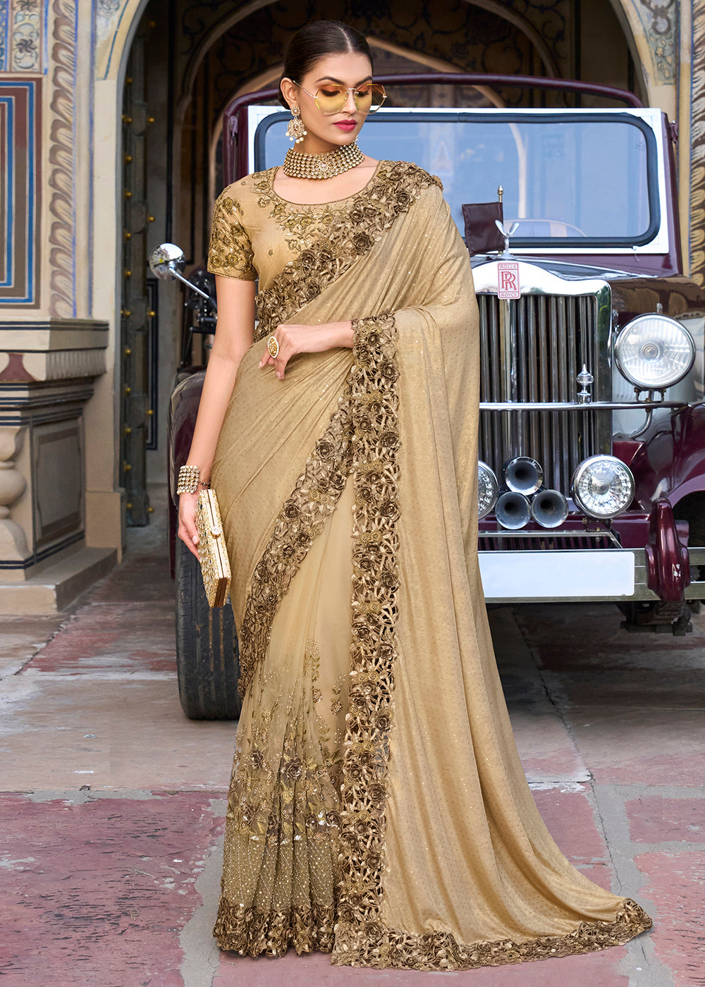 Buy Now Chickoo Beige Applique Net Designer Bridal Party Wear Saree Online in USA, UK, Canada & Worldwide at Empress Clothing.