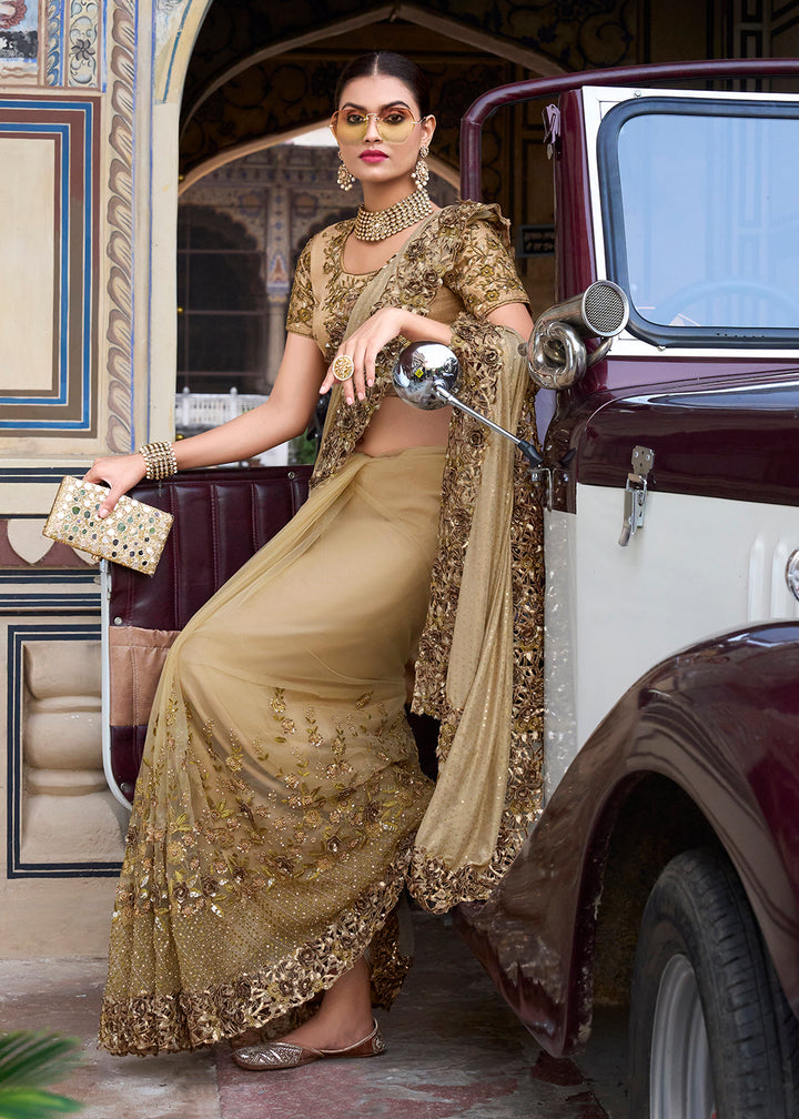 Buy Now Chickoo Beige Applique Net Designer Bridal Party Wear Saree Online in USA, UK, Canada & Worldwide at Empress Clothing.