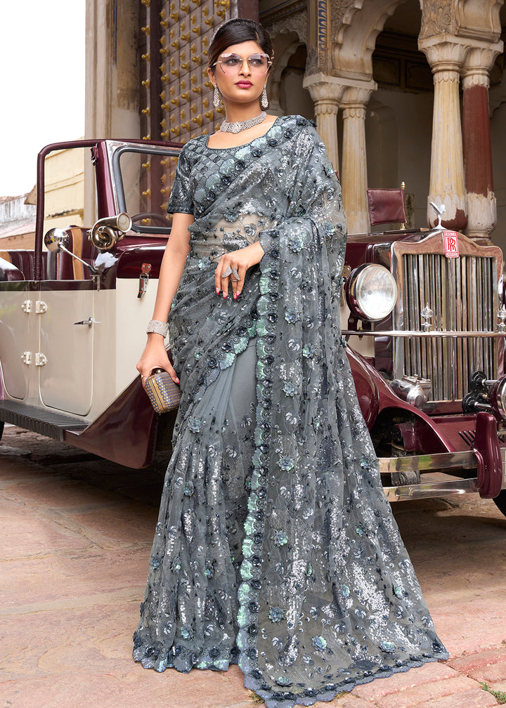 Buy Now Fetching Grey Applique Net Designer Bridal Party Wear Saree Online in USA, UK, Canada & Worldwide at Empress Clothing.