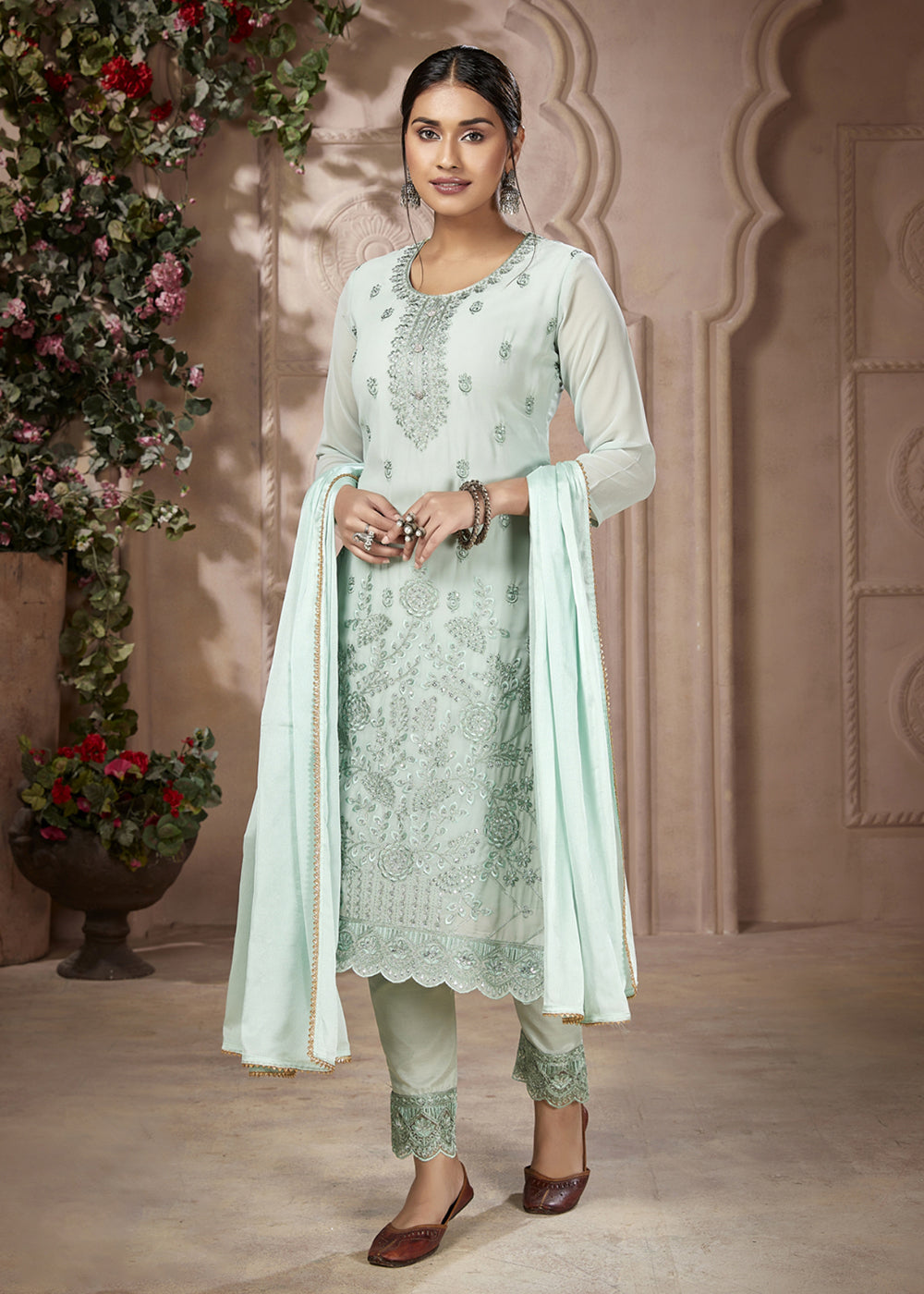 Buy Now Festive Look Light Green Embroidered Pant Style Salwar Suit Online in USA, UK, Canada & Worldwide at Empress Clothing.