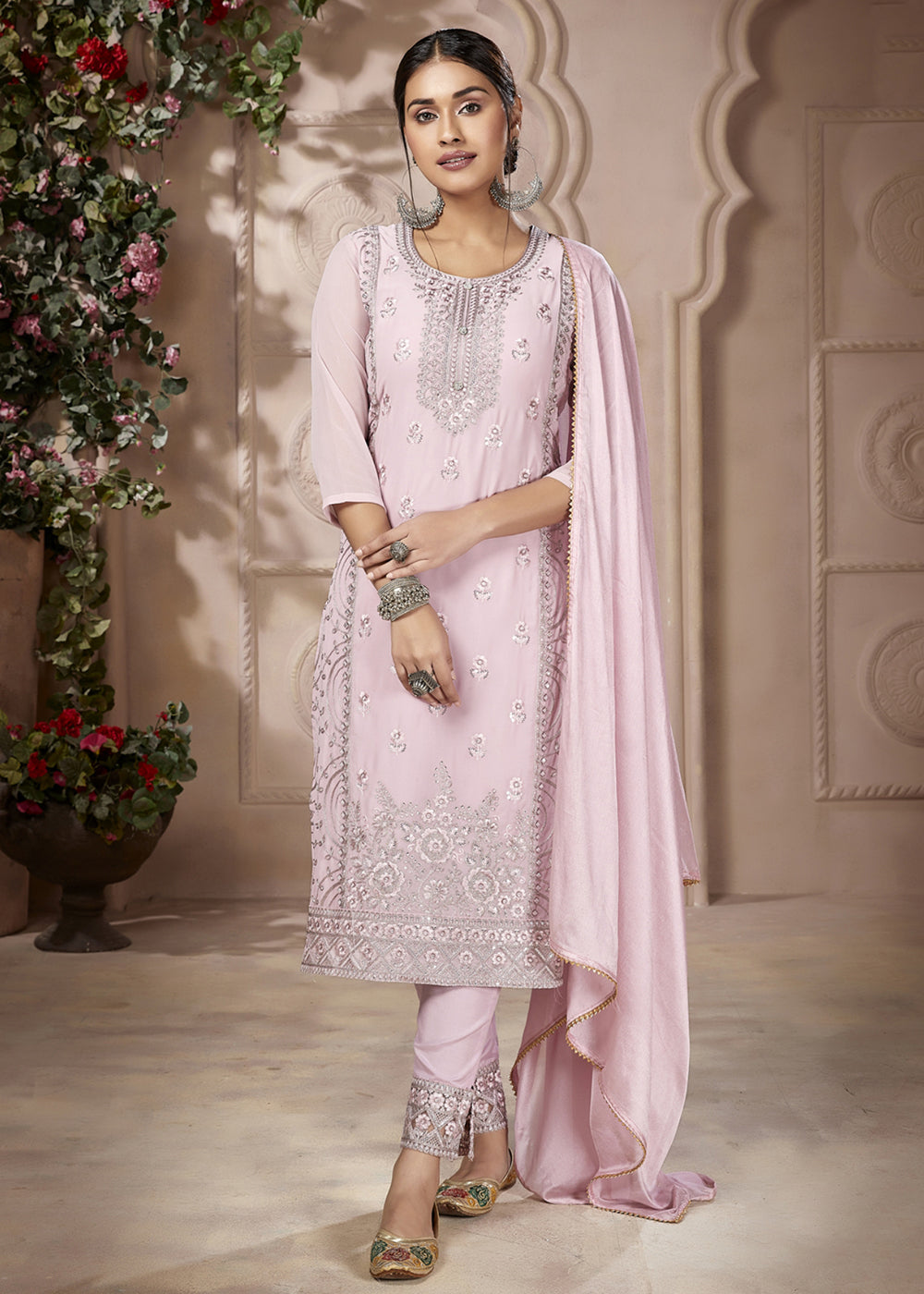 Buy Now Festive Look Trendy Pink Embroidered Pant Style Salwar Suit Online in USA, UK, Canada & Worldwide at Empress Clothing.