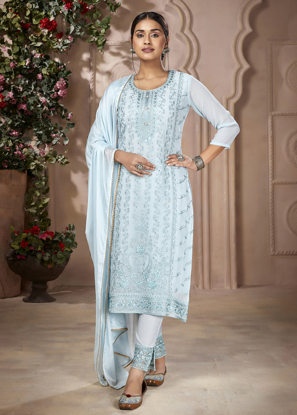 Buy Now Festive Look Sky Blue Embroidered Pant Style Salwar Suit Online in USA, UK, Canada & Worldwide at Empress Clothing.