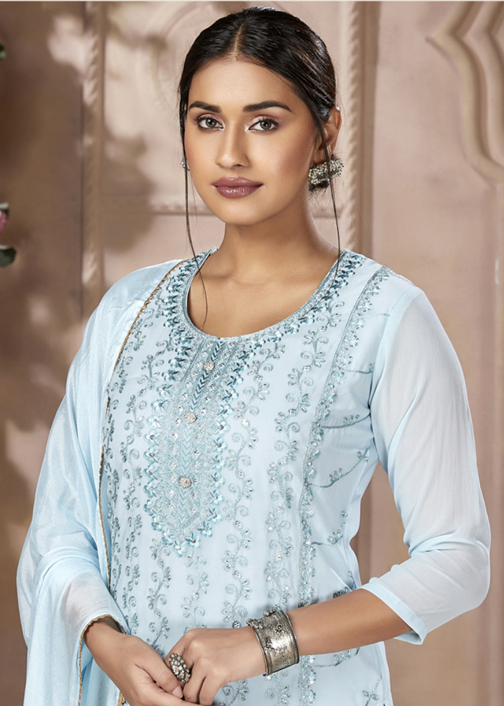 Buy Now Festive Look Sky Blue Embroidered Pant Style Salwar Suit Online in USA, UK, Canada & Worldwide at Empress Clothing.