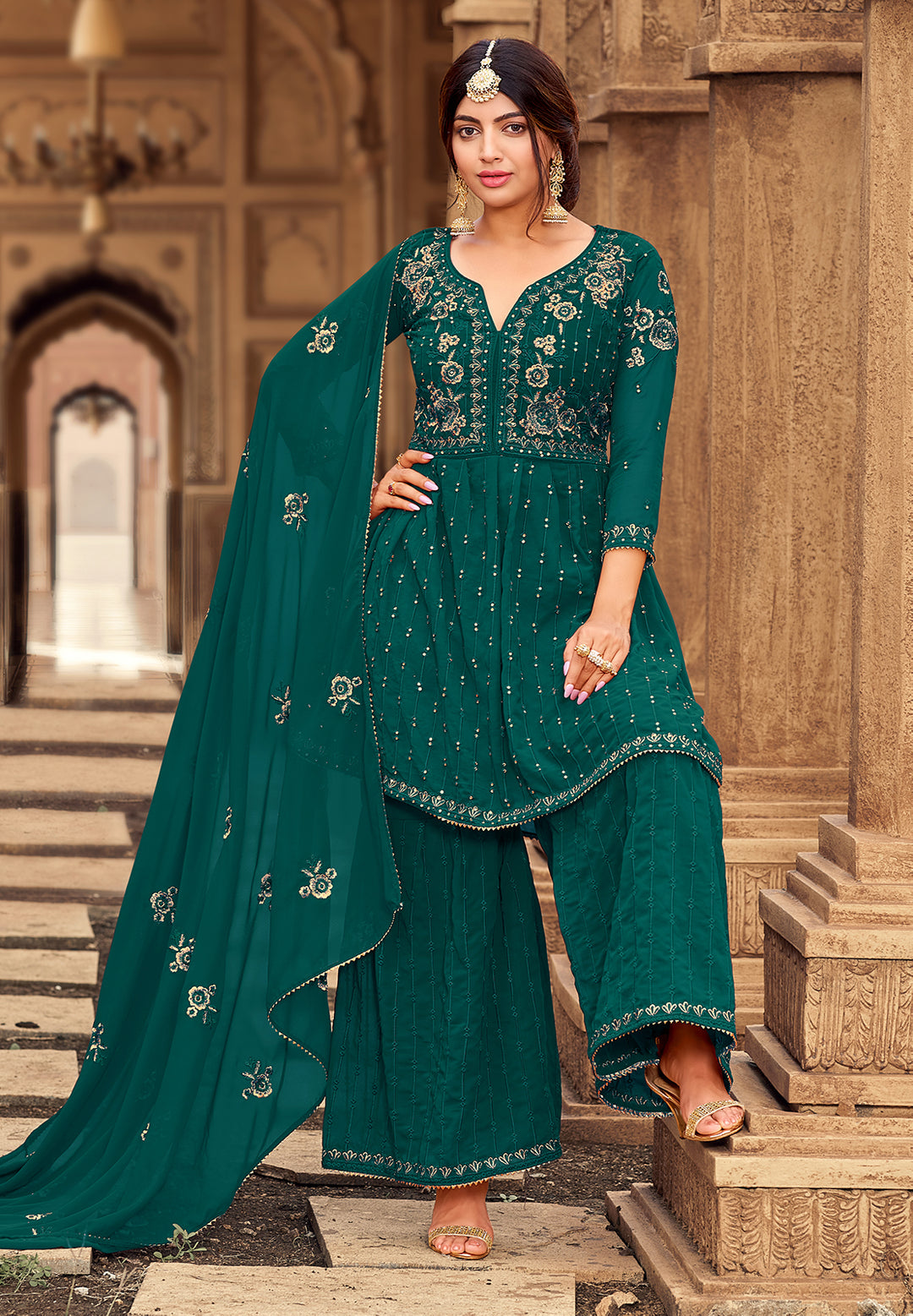Buy Sharara Set in Teal Green - Beautifully Embroidered Sharara Suit