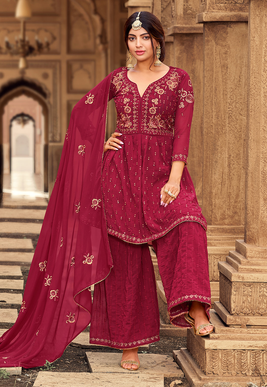 Buy Sharara Set in Hot Pink - Beautifully Embroidered Sharara Suit