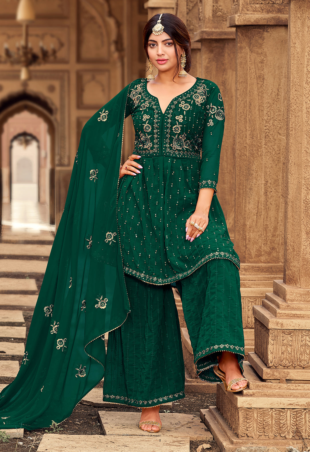 Buy Sharara Set in Bottle Green - Beautifully Embroidered Sharara Suit
