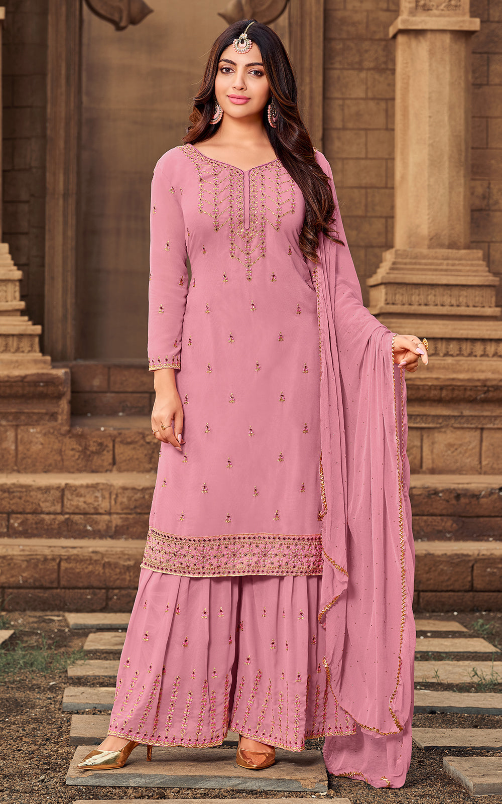 Buy Sharara Set in Thulian Pink - Beautifully Embroidered Sharara Suit