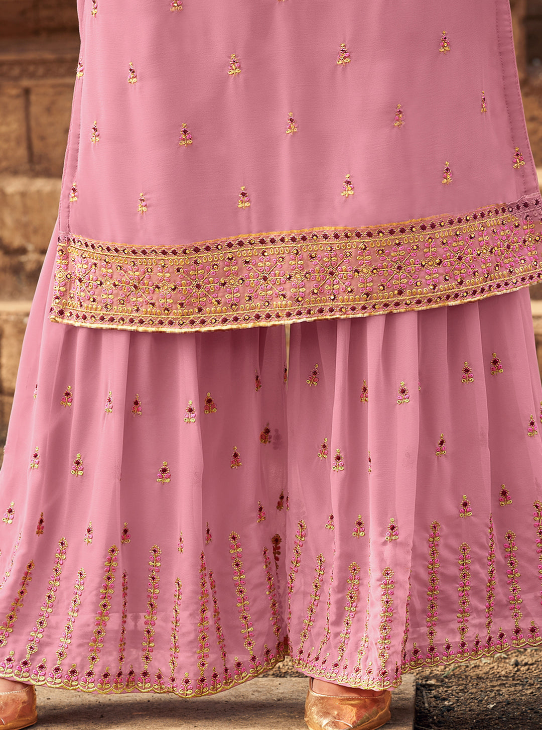Buy Sharara Set in Thulian Pink - Beautifully Embroidered Sharara Suit