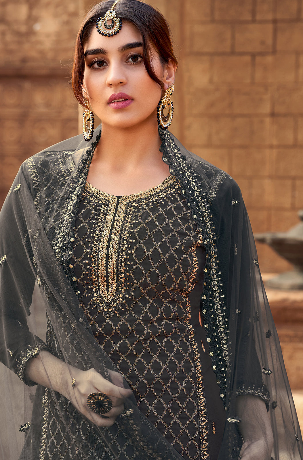 Buy Sharara Set in Grey - Beautifully Embroidered Sharara Suit