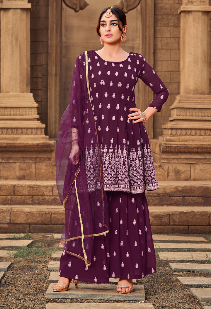 Buy Sharara Set in Plum Wine - Beautifully Embroidered Sharara Suit