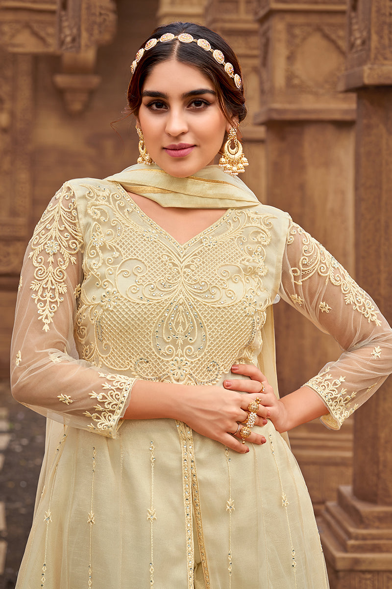 Buy Cream Heavy Butterfly Net Anarkali - Beautiful Anarkali Suit