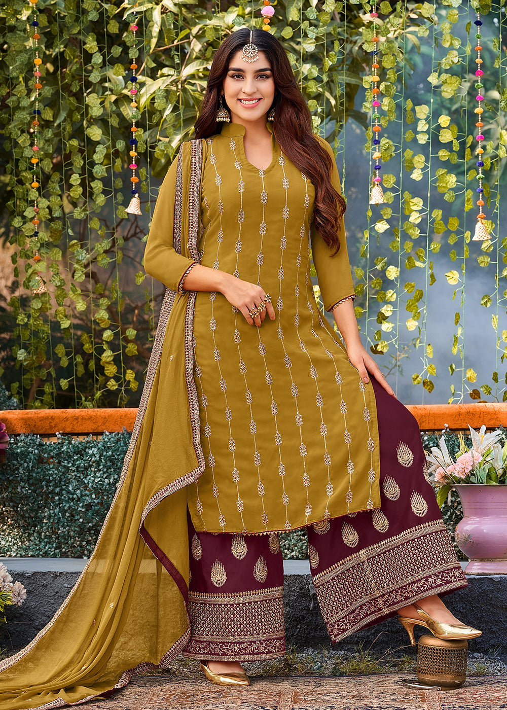 Buy Now Adorable Mustard Georgette Embroidered Wedding Festive Salwar Suit Online in USA, UK, Canada & Worldwide at Empress Clothing.
