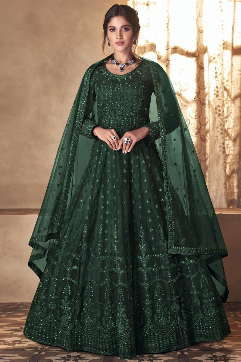 Buy Pine Green Wedding Anarkali - Thread Embroidered Anarkali Suit