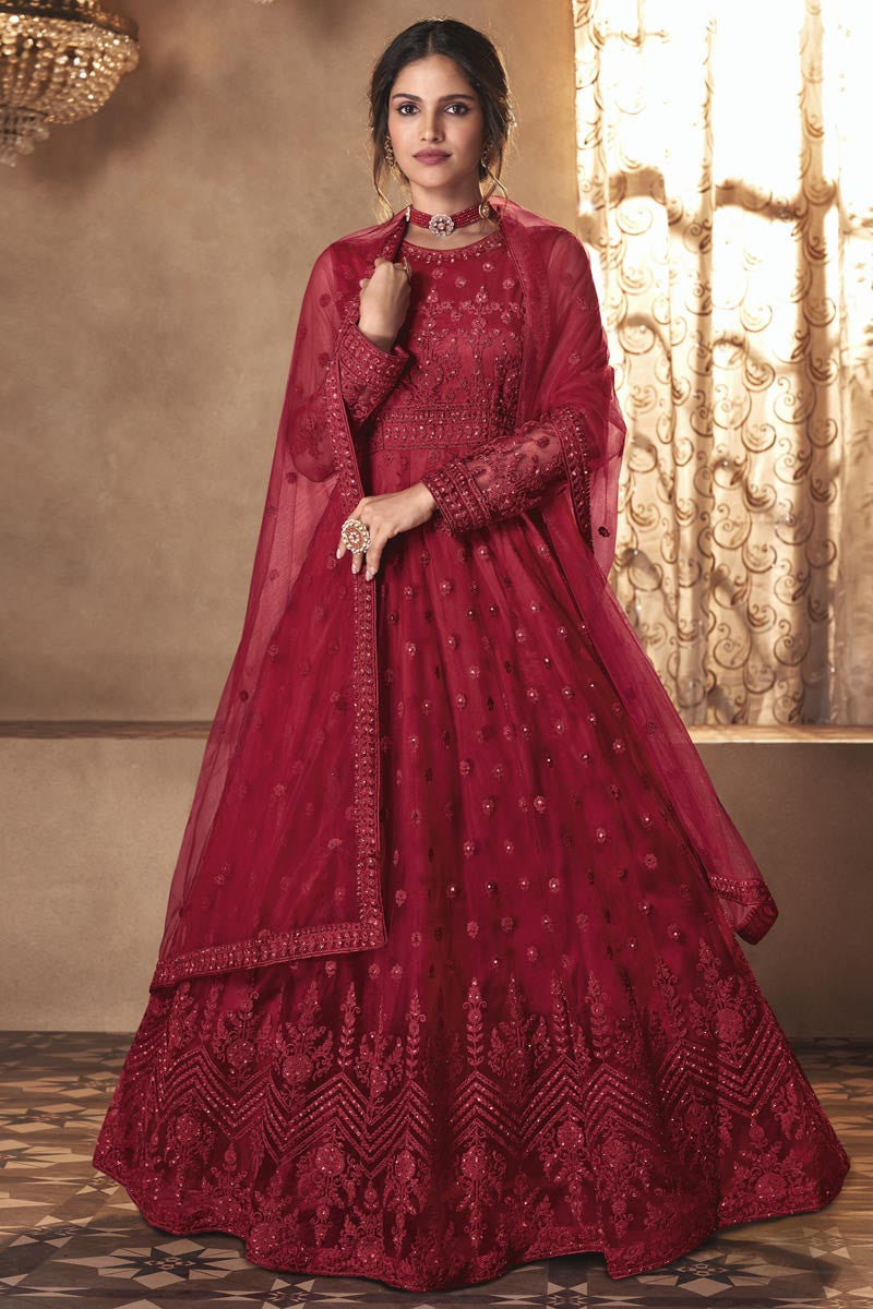Buy Majestic Red Wedding Anarkali - Embroidered Anarkali Suit