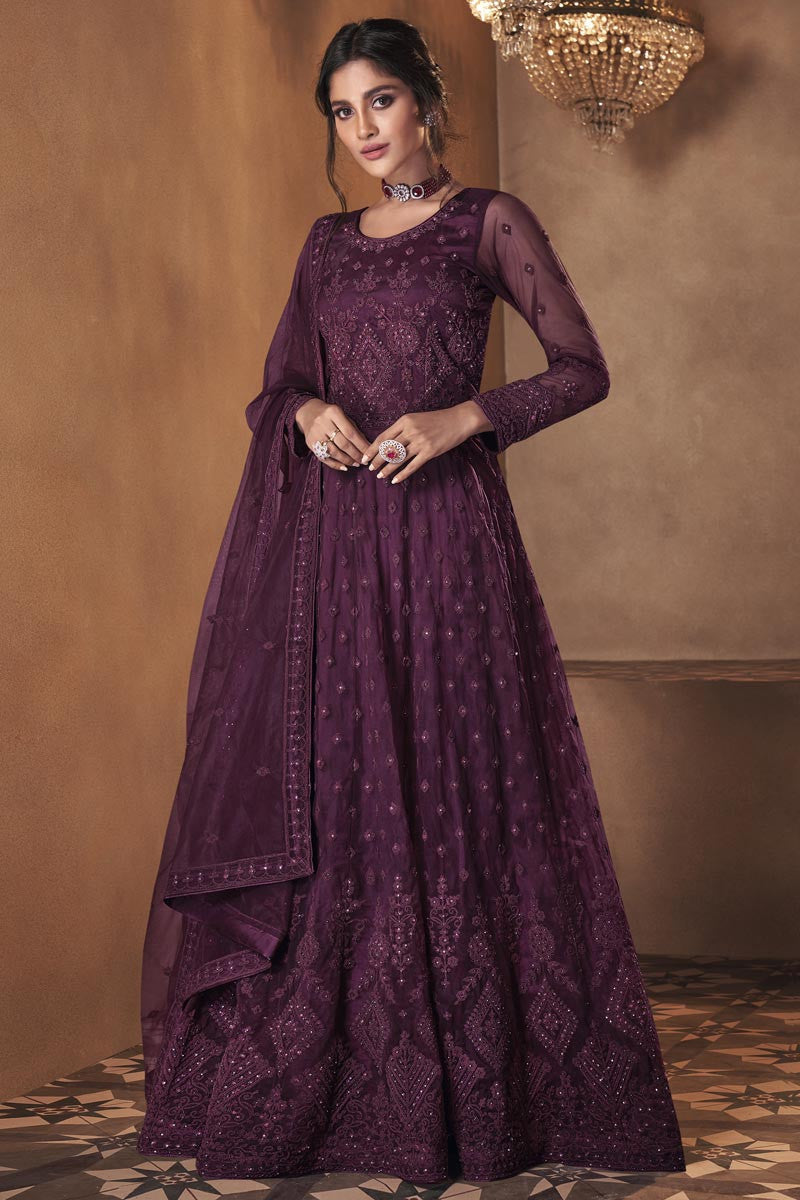 Buy Wine Purple Wedding Anarkali - Embroidered Anarkali Suit