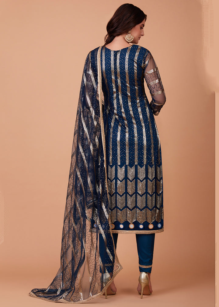Buy Now Beautiful Blue Tone to Tone Thread Net Salwar Kameez Online in USA, UK, Canada & Worldwide at Empress Clothing. 