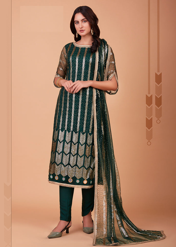 Buy Now Enchanting Green Tone to Tone Thread Net Salwar Kameez Online in USA, UK, Canada & Worldwide at Empress Clothing.