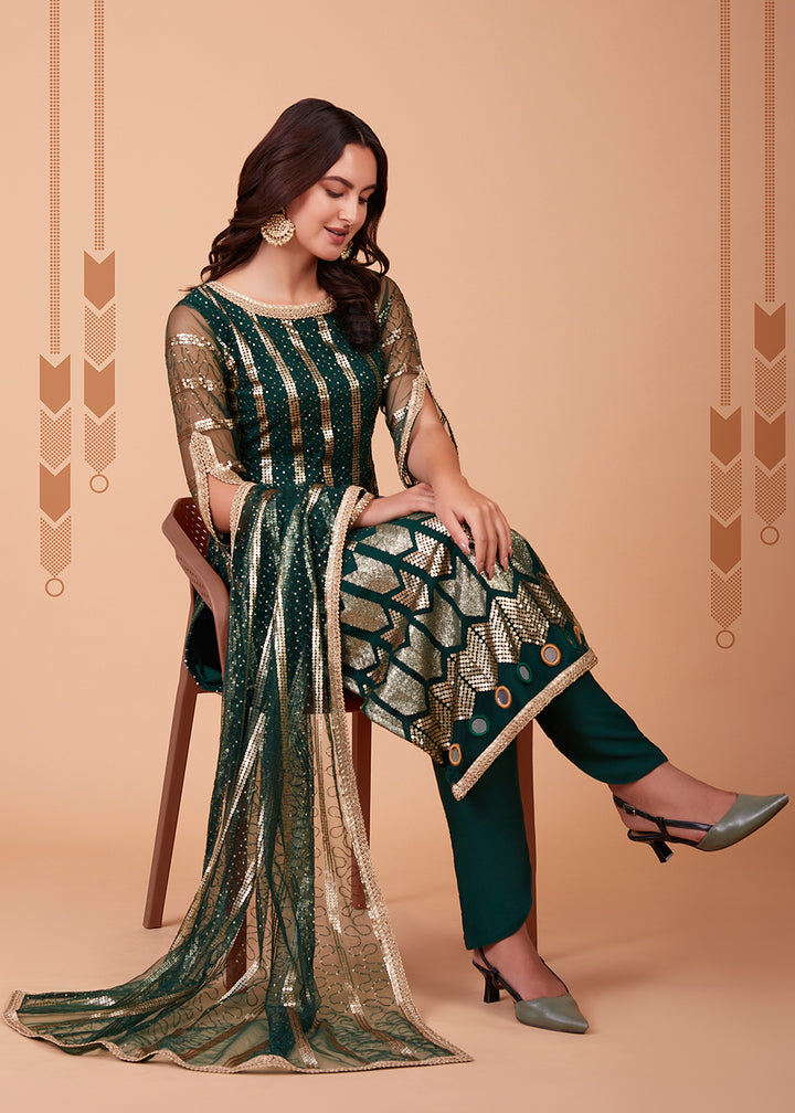 Buy Now Enchanting Green Tone to Tone Thread Net Salwar Kameez Online in USA, UK, Canada & Worldwide at Empress Clothing.