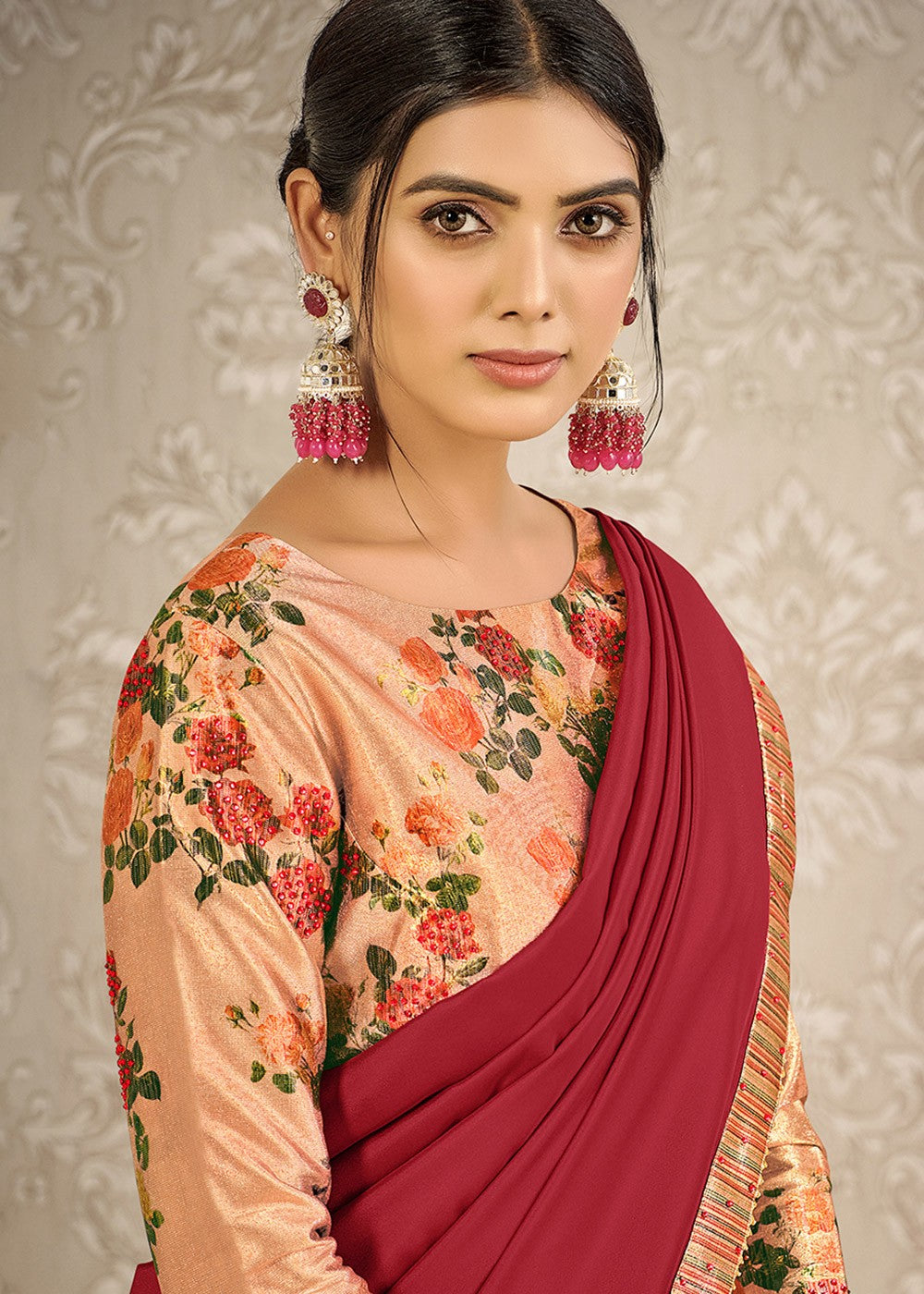 Buy Red & Rose Gold Digital Print Saree - Satin Silk Designer Saree