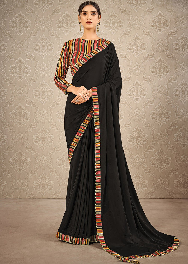 Buy Classy Black Digital Print Saree - Satin Silk Designer Saree