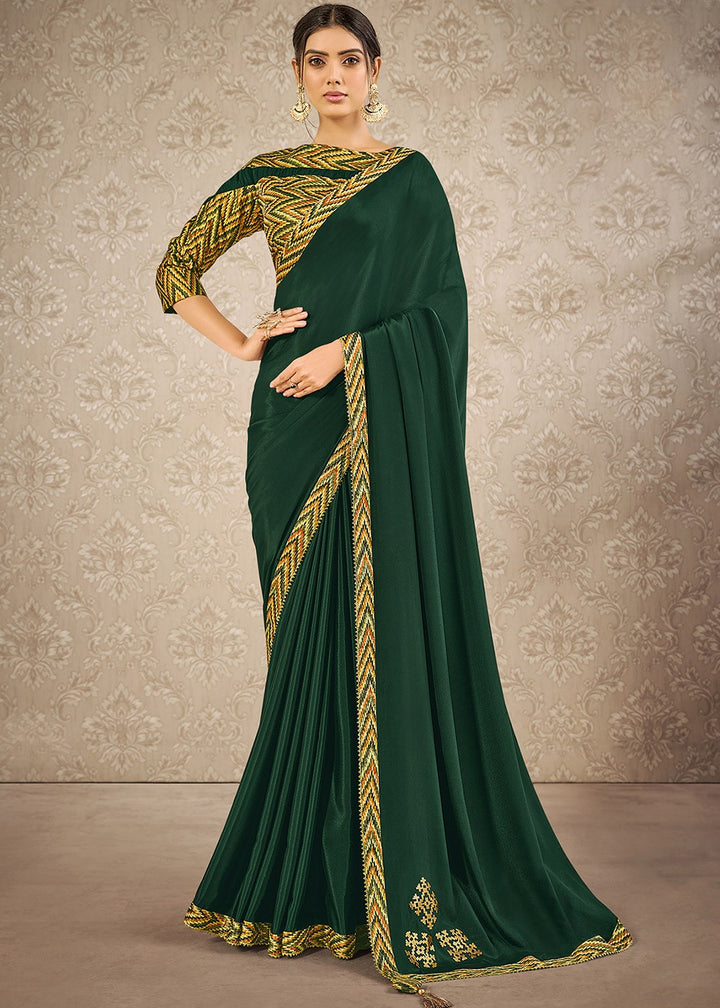 Buy Deep Green Print Saree - Satin Silk Designer Saree