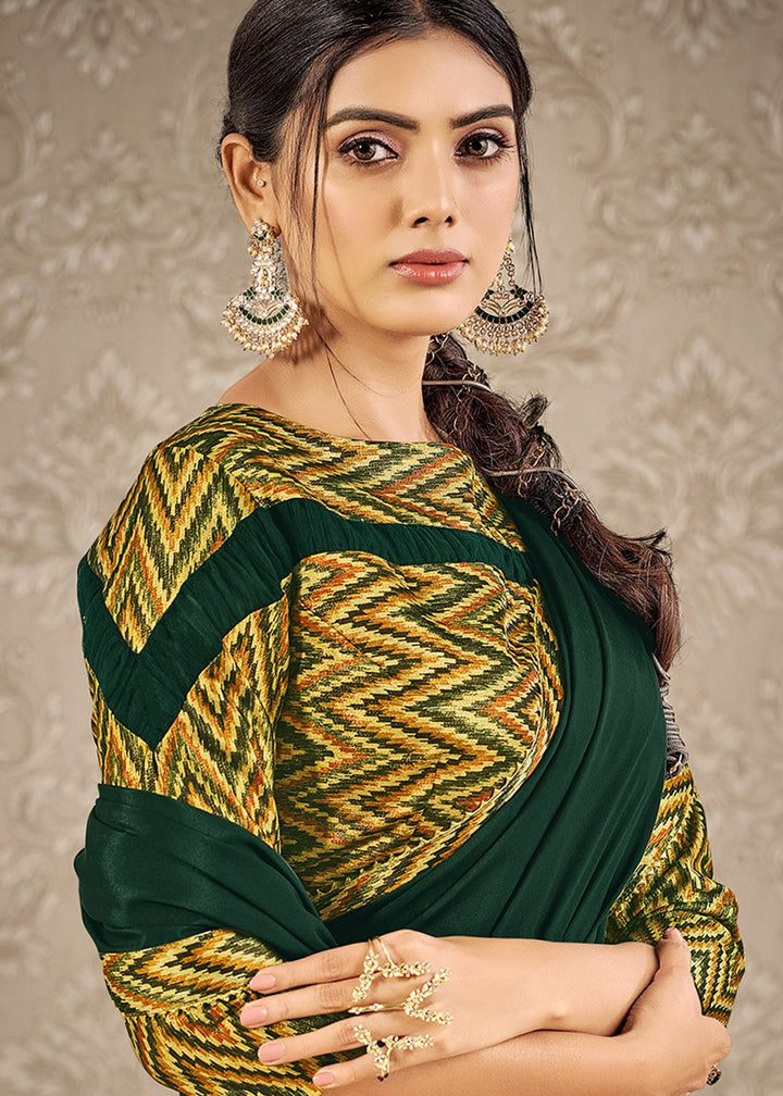 Buy Deep Green Print Saree - Satin Silk Designer Saree