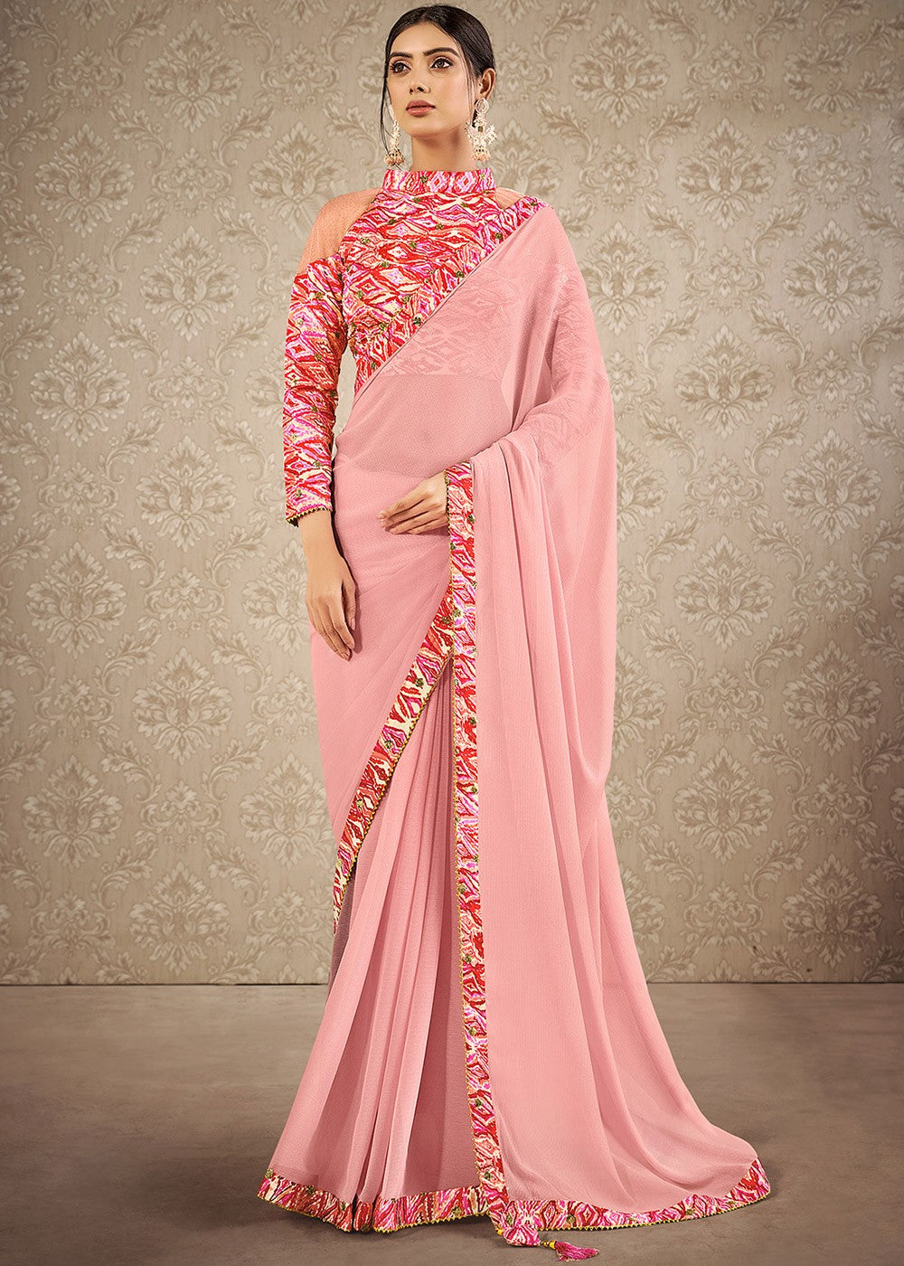 Buy Salmon Pink Print Saree - Silk Chiffon Designer Saree