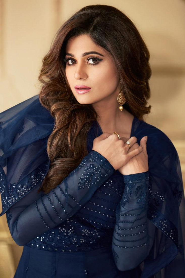 Shamita Shetty Blue Color Net Embroidered Anarkali Suit