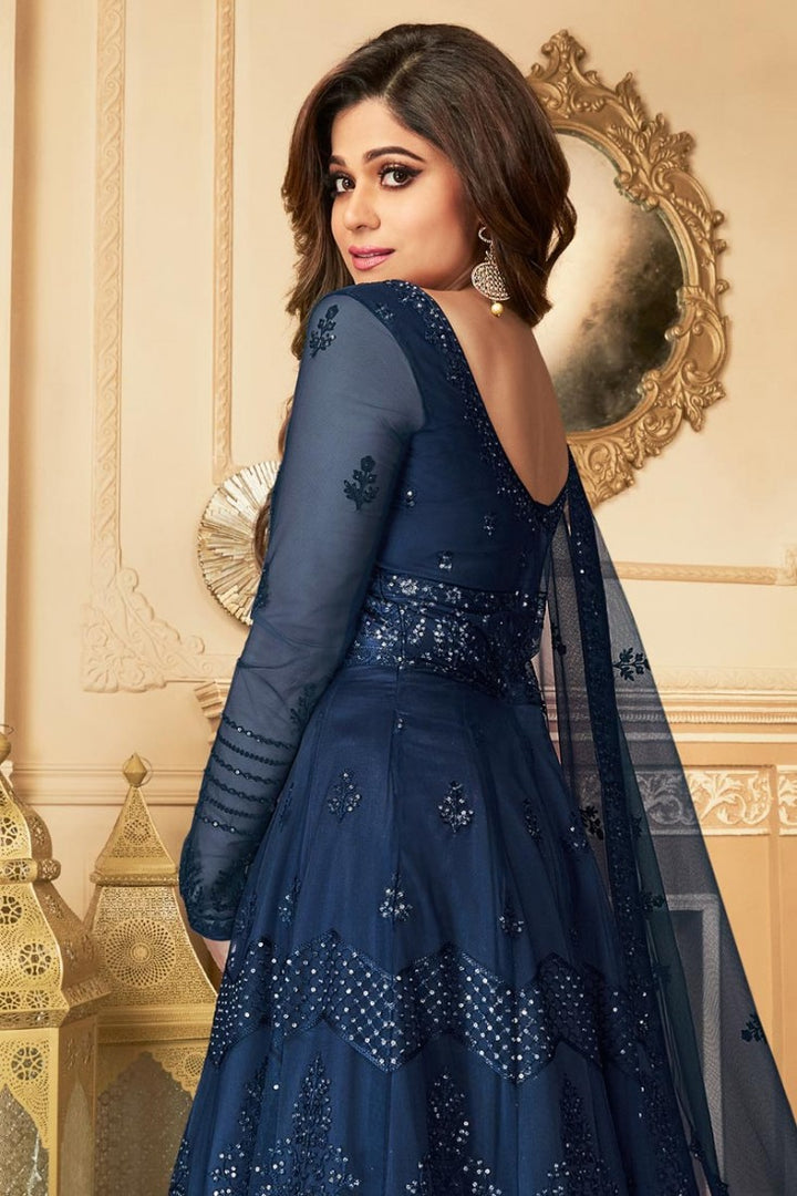 Shamita Shetty Blue Color Net Embroidered Anarkali Suit