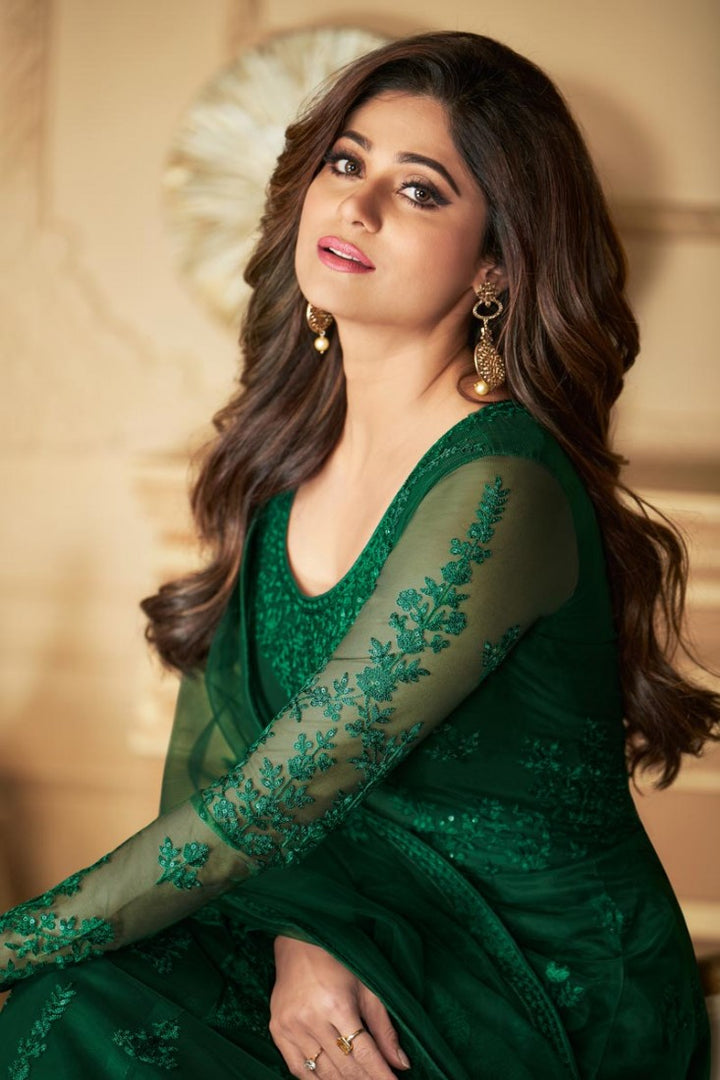 Shamita Shetty Green Color Net Embroidered Anarkali Suit