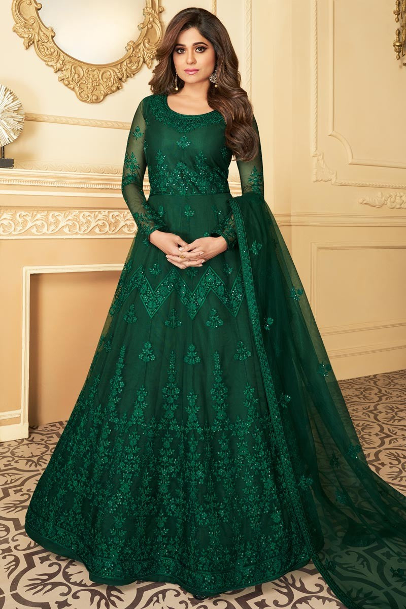 Shamita Shetty Green Color Net Embroidered Anarkali Suit