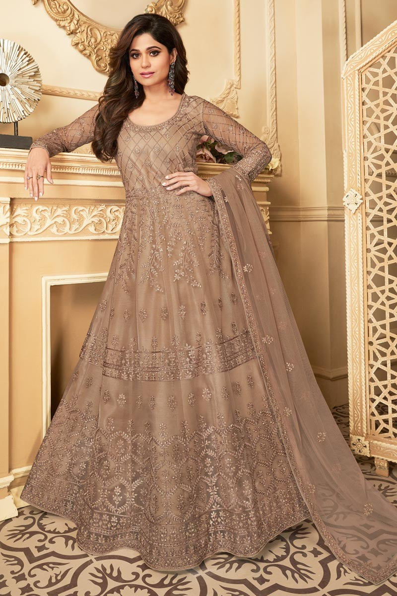 Shamita Shetty Brown Color Net Embroidered Anarkali Suit