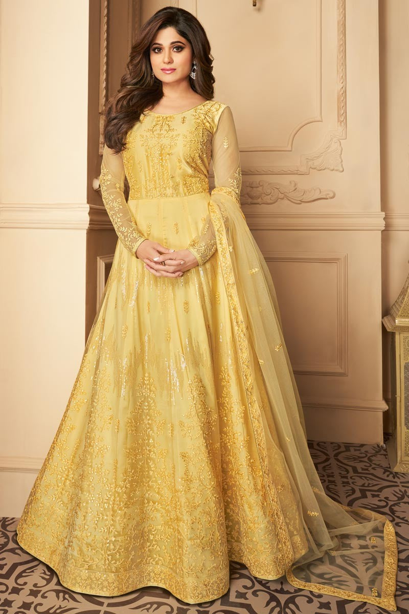 Shamita Shetty Yellow Color Net Embroidered Anarkali Suit