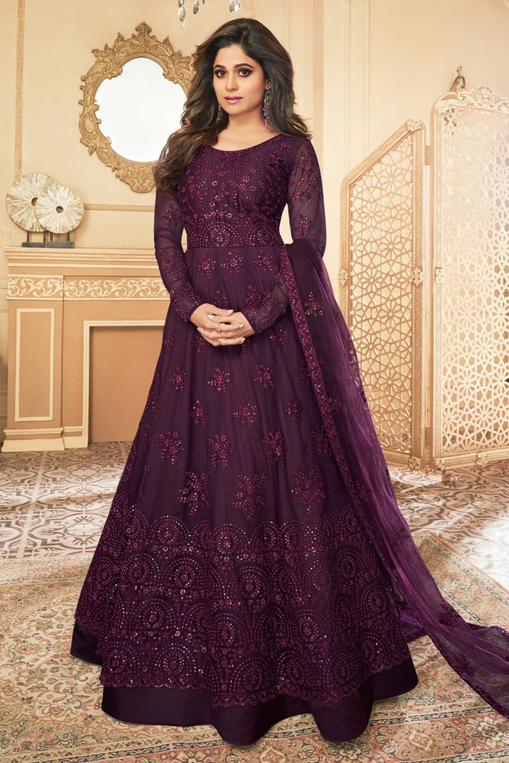 Shamita Shetty Purple Color Net Embroidered Anarkali Suit