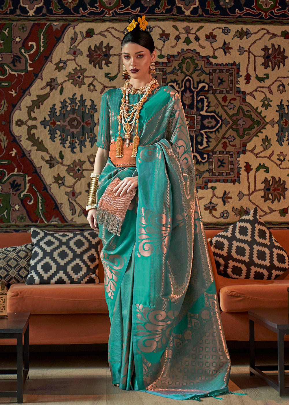 Buy Now Turquoise Blue Blended Woven Zari Brocade Silk Saree Online in USA, UK, Canada & Worldwide at Empress Clothing. 
