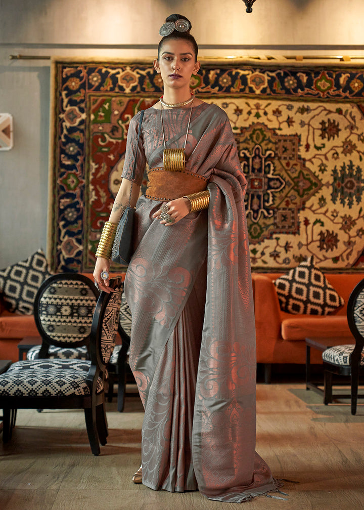 Buy Now Enticing Grey Blended Woven Zari Brocade Silk Saree Online in USA, UK, Canada & Worldwide at Empress Clothing. 