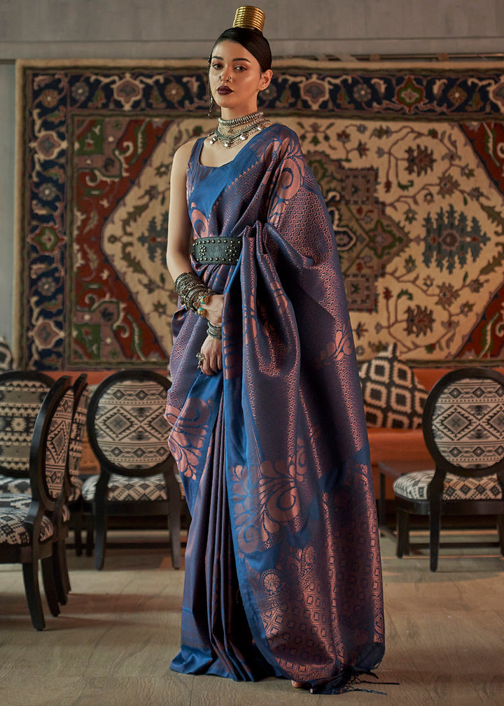 Buy Now Prussian Blue Blended Woven Zari Brocade Silk Saree Online in USA, UK, Canada & Worldwide at Empress Clothing.